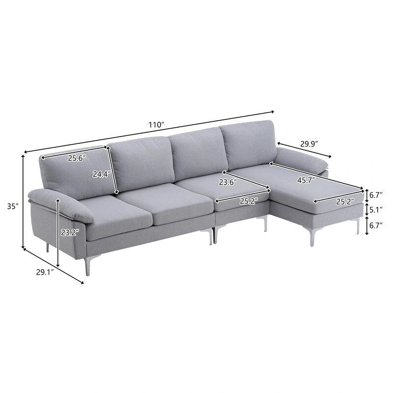 L-förmiges Stoffsofa mit Chaiselongue und Eisenfüßen, 4-Sitzer, modulares Sofa für den Innenbereich – 110