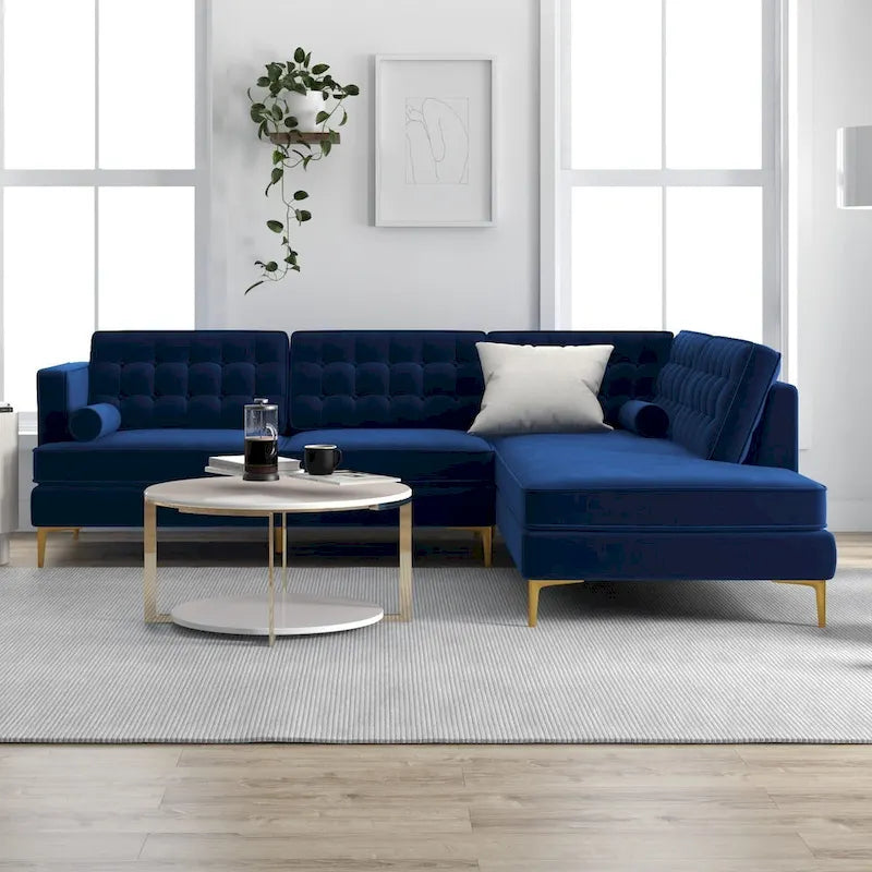 Caterine Marineblaue Samt-Eckcouch, getuftet, modern, für das Wohnzimmer