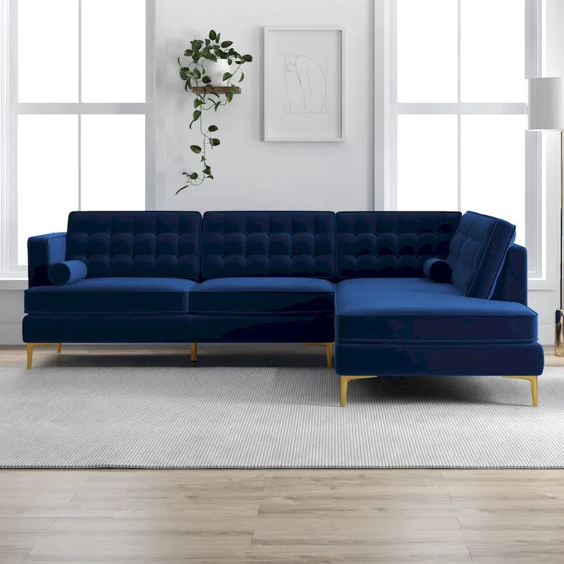 Caterine Marineblaue Samt-Eckcouch, getuftet, modern, für das Wohnzimmer