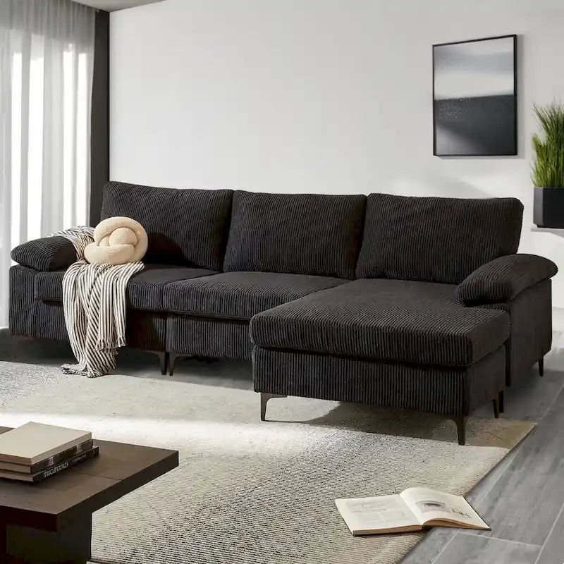 HOOOWOOO Wohnzimmer-Sofa mit breiter Armlehne, Kordstoff-Recamiere, umwandelbares Sofa mit Ottomanen