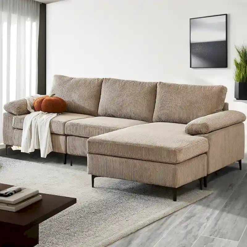 HOOOWOOO Wohnzimmer-Sofa mit breiter Armlehne, Kordstoff-Recamiere, umwandelbares Sofa mit Ottomanen