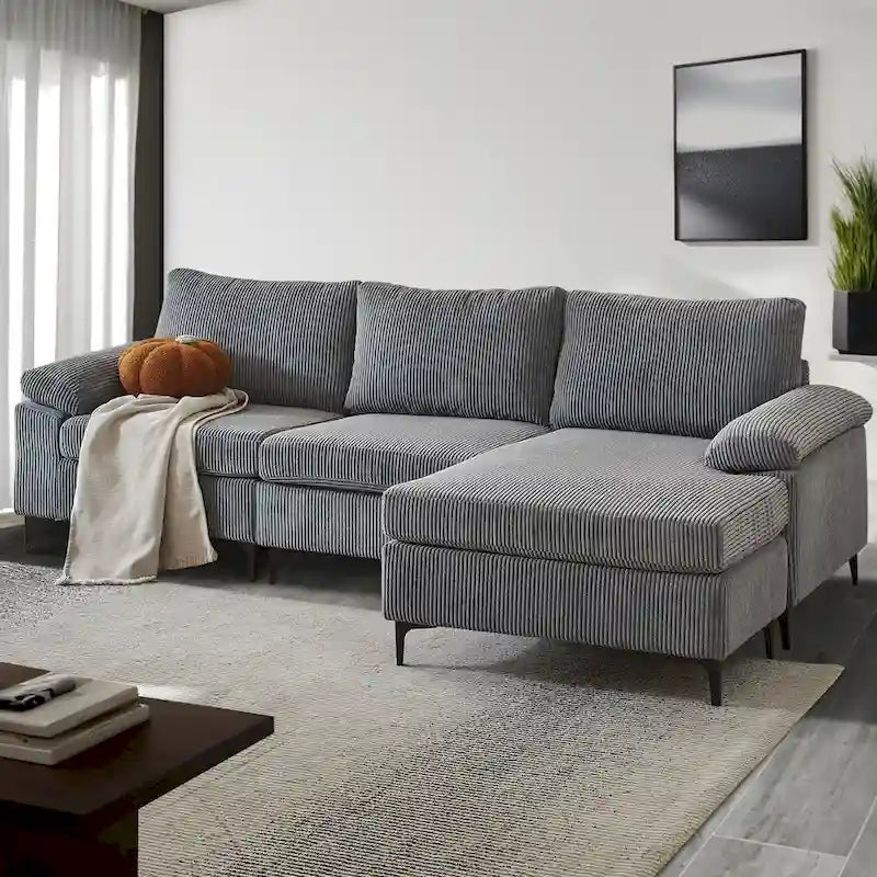 HOOOWOOO Wohnzimmer-Sofa mit breiter Armlehne, Kordstoff-Recamiere, umwandelbares Sofa mit Ottomanen