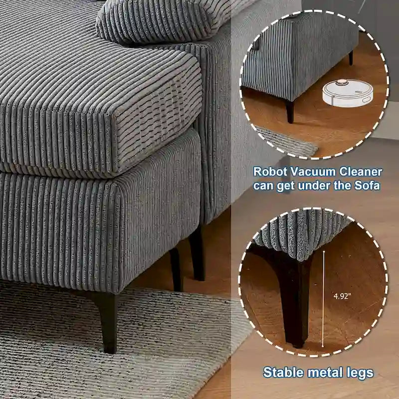 HOOOWOOO Wohnzimmer-Sofa mit breiter Armlehne, Kordstoff-Recamiere, umwandelbares Sofa mit Ottomanen