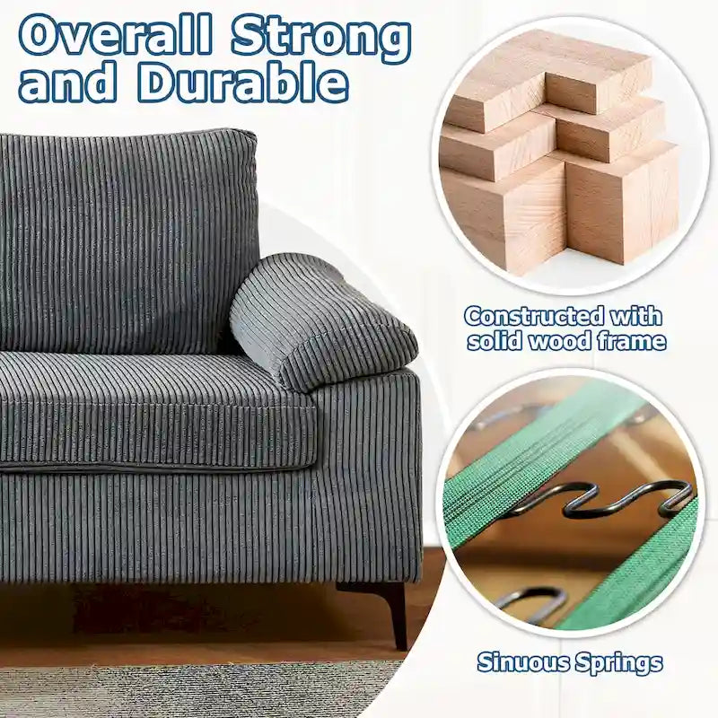 HOOOWOOO Wohnzimmer-Sofa mit breiter Armlehne, Kordstoff-Recamiere, umwandelbares Sofa mit Ottomanen