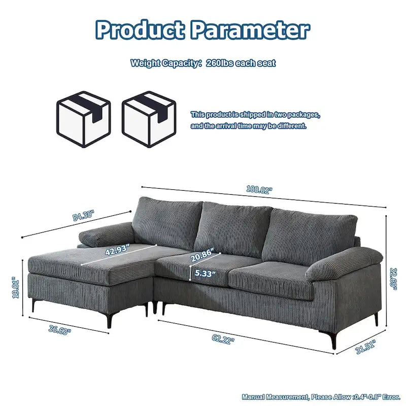 HOOOWOOO Wohnzimmer-Sofa mit breiter Armlehne, Kordstoff-Recamiere, umwandelbares Sofa mit Ottomanen