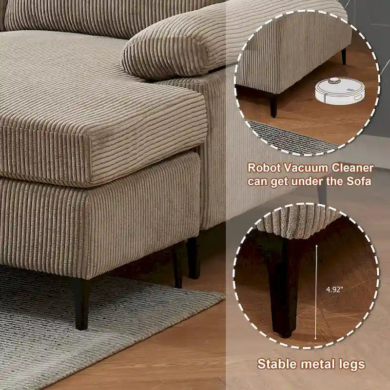 HOOOWOOO Wohnzimmer-Sofa mit breiter Armlehne, Kordstoff-Recamiere, umwandelbares Sofa mit Ottomanen