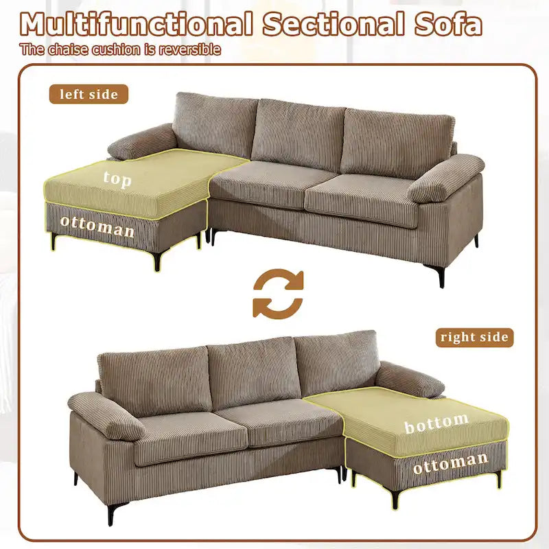 HOOOWOOO Wohnzimmer-Sofa mit breiter Armlehne, Kordstoff-Recamiere, umwandelbares Sofa mit Ottomanen