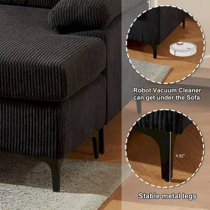 HOOOWOOO Wohnzimmer-Sofa mit breiter Armlehne, Kordstoff-Recamiere, umwandelbares Sofa mit Ottomanen