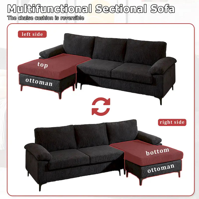 HOOOWOOO Wohnzimmer-Sofa mit breiter Armlehne, Kordstoff-Recamiere, umwandelbares Sofa mit Ottomanen