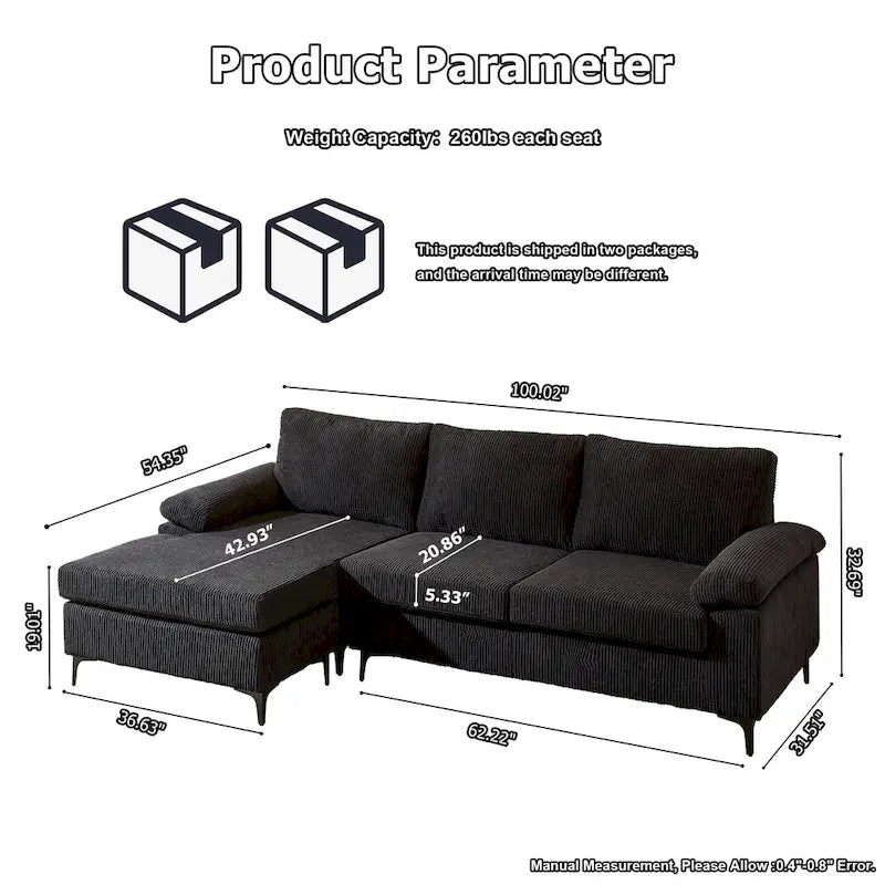 HOOOWOOO Wohnzimmer-Sofa mit breiter Armlehne, Kordstoff-Recamiere, umwandelbares Sofa mit Ottomanen