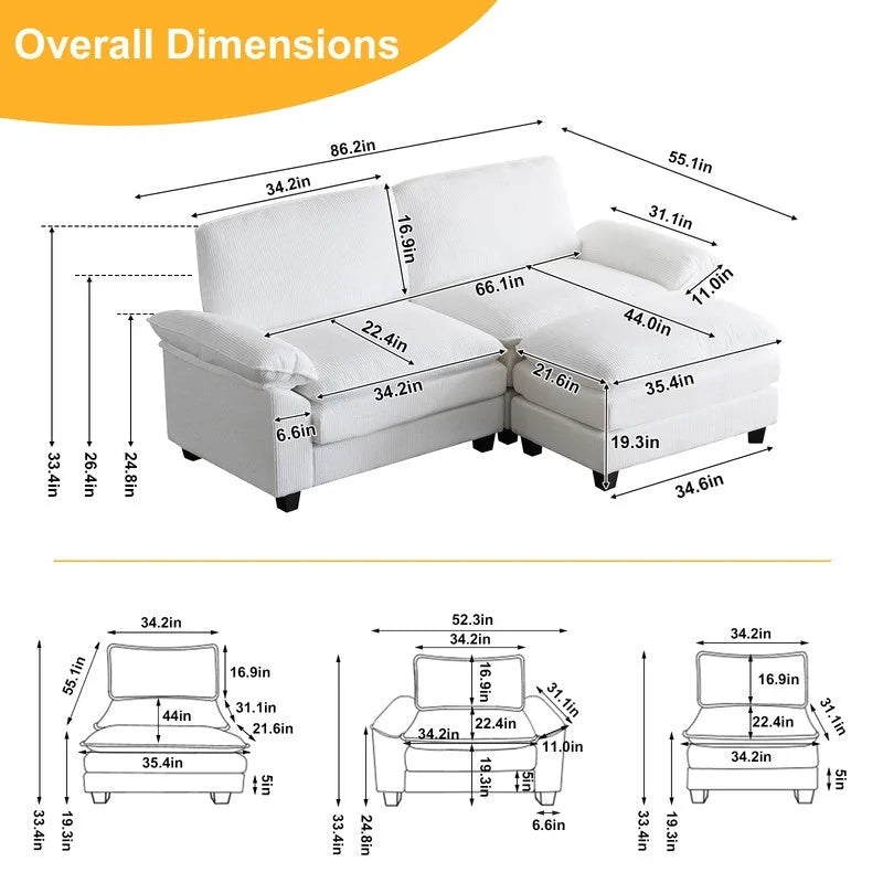 217*141*85 Chenille Zweisitzer mit Fußhocker Doppel-Sitzsack Indoor Doppelsitzer-Sofa - 2+1