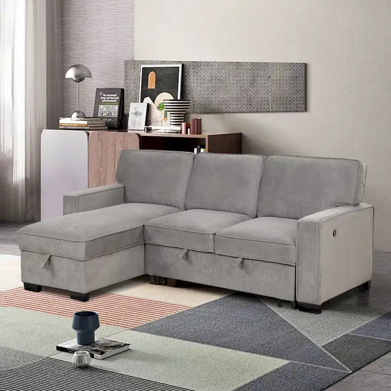 Schlafsofa Futonbett mit USB-Anschlüssen und Getränkehaltern, Sektionalsofa mit Stauraum-Recamiere