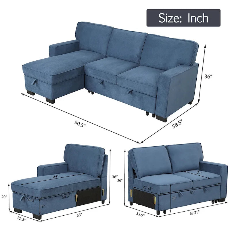 Schlafsofa Futonbett mit USB-Anschlüssen und Getränkehaltern, Sektionalsofa mit Stauraum-Recamiere