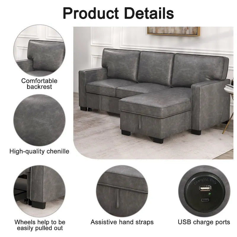 Schlafsofa Futonbett mit USB-Anschlüssen und Getränkehaltern, Sektionalsofa mit Stauraum-Recamiere