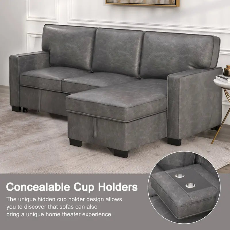 Schlafsofa Futonbett mit USB-Anschlüssen und Getränkehaltern, Sektionalsofa mit Stauraum-Recamiere