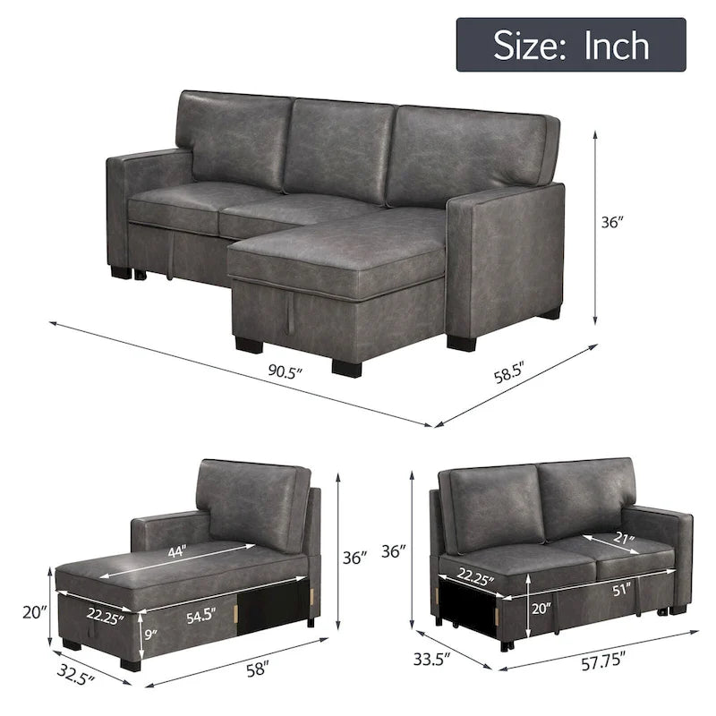 Schlafsofa Futonbett mit USB-Anschlüssen und Getränkehaltern, Sektionalsofa mit Stauraum-Recamiere