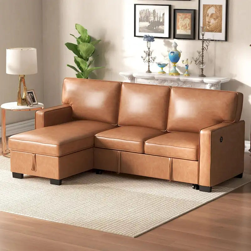 Schlafsofa Futonbett mit USB-Anschlüssen und Getränkehaltern, Sektionalsofa mit Stauraum-Recamiere