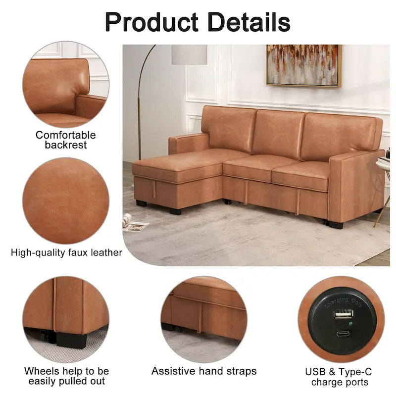 Schlafsofa Futonbett mit USB-Anschlüssen und Getränkehaltern, Sektionalsofa mit Stauraum-Recamiere