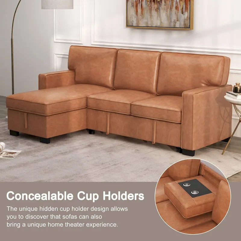 Schlafsofa Futonbett mit USB-Anschlüssen und Getränkehaltern, Sektionalsofa mit Stauraum-Recamiere