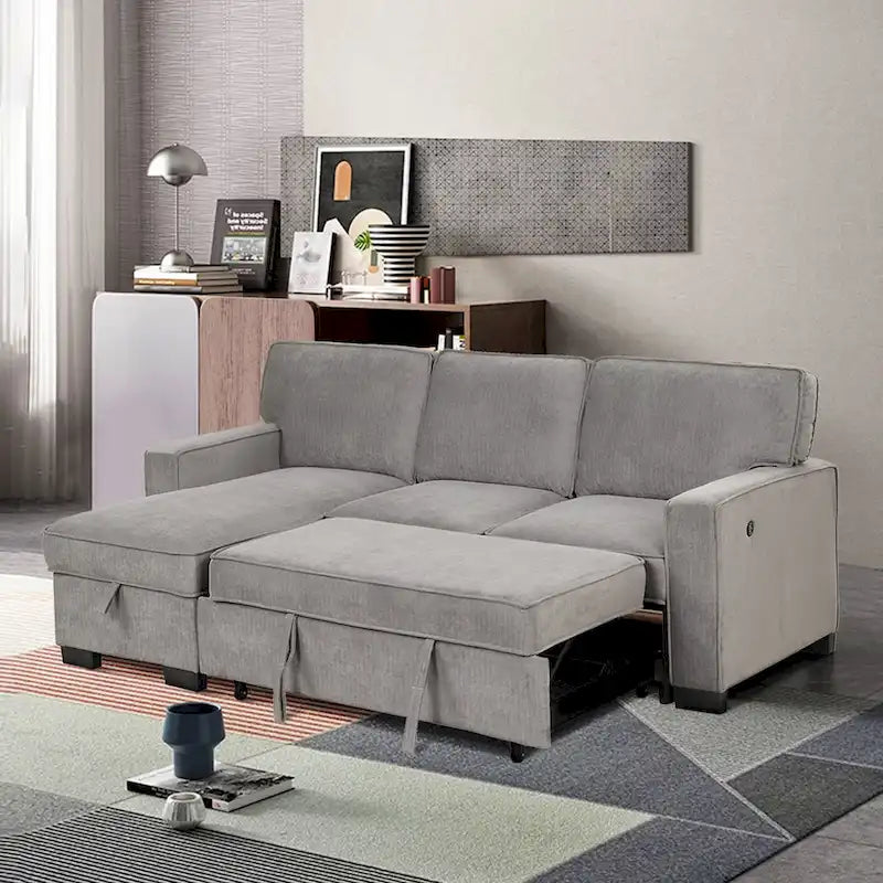Schlafsofa Futonbett mit USB-Anschlüssen und Getränkehaltern, Sektionalsofa mit Stauraum-Recamiere