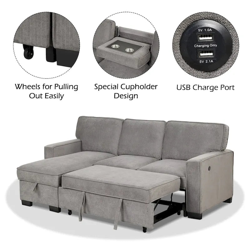 Schlafsofa Futonbett mit USB-Anschlüssen und Getränkehaltern, Sektionalsofa mit Stauraum-Recamiere