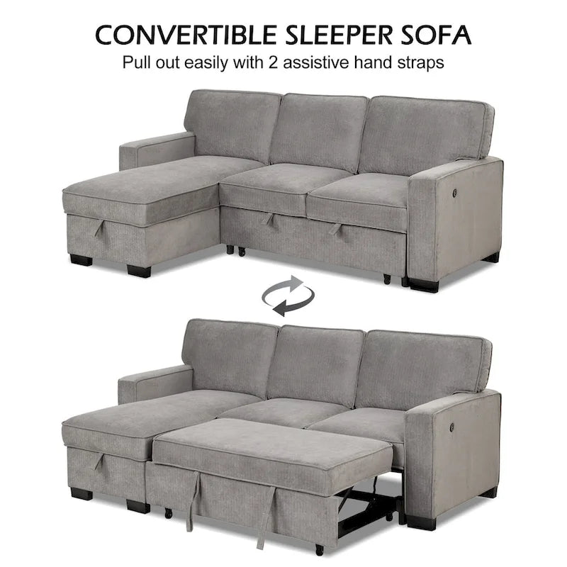 Schlafsofa Futonbett mit USB-Anschlüssen und Getränkehaltern, Sektionalsofa mit Stauraum-Recamiere