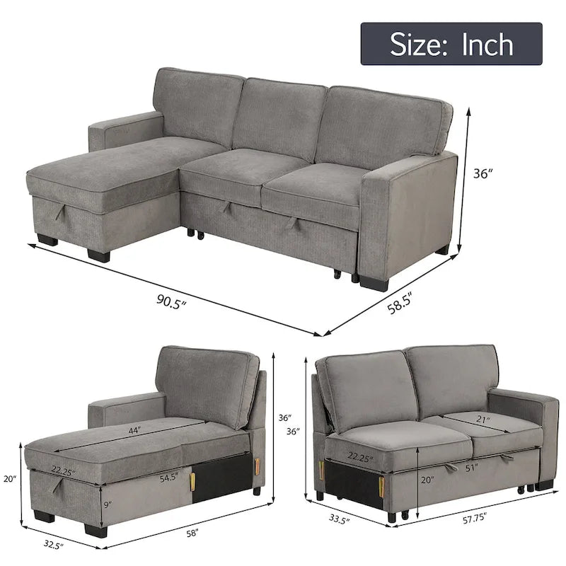 Schlafsofa Futonbett mit USB-Anschlüssen und Getränkehaltern, Sektionalsofa mit Stauraum-Recamiere