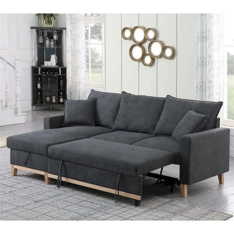 Gepolstertes, beidseitig verwendbares Schlafsofa mit Recamiere und Stauraum