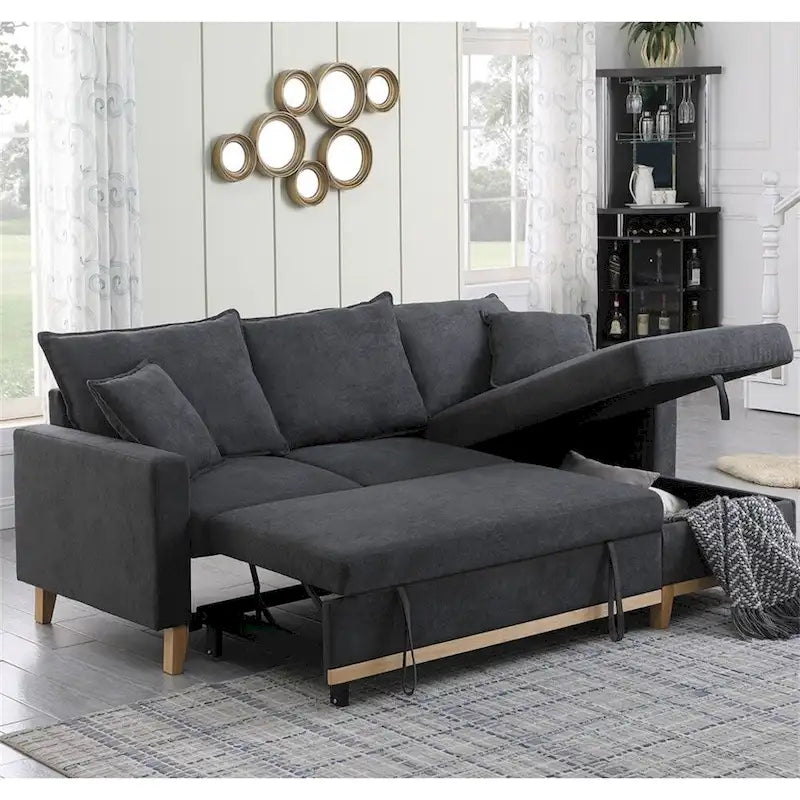 Gepolstertes, beidseitig verwendbares Schlafsofa mit Recamiere und Stauraum