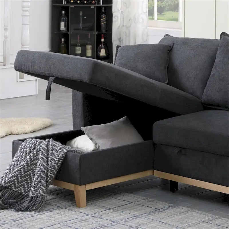Gepolstertes, beidseitig verwendbares Schlafsofa mit Recamiere und Stauraum