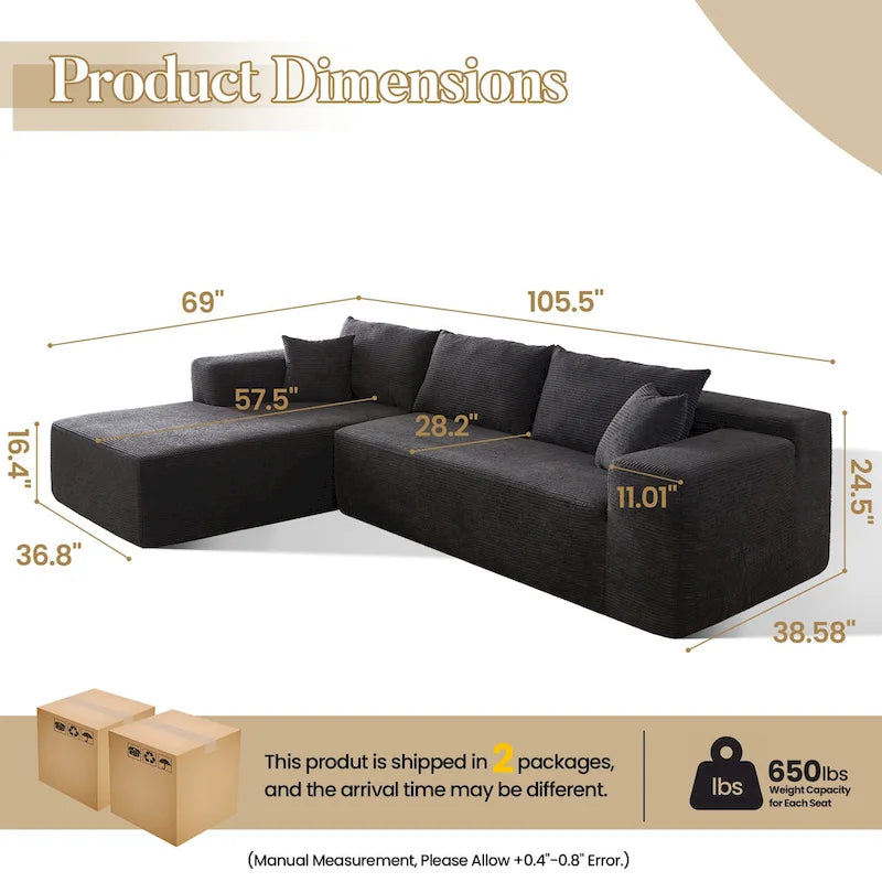 HOOOWOOO Modernes L-förmiges Ecksofa mit Kordbezug und Kissen