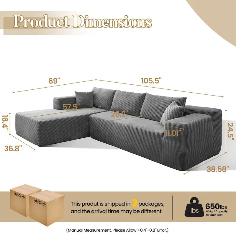 HOOOWOOO Modernes L-förmiges Ecksofa mit Kordbezug und Kissen