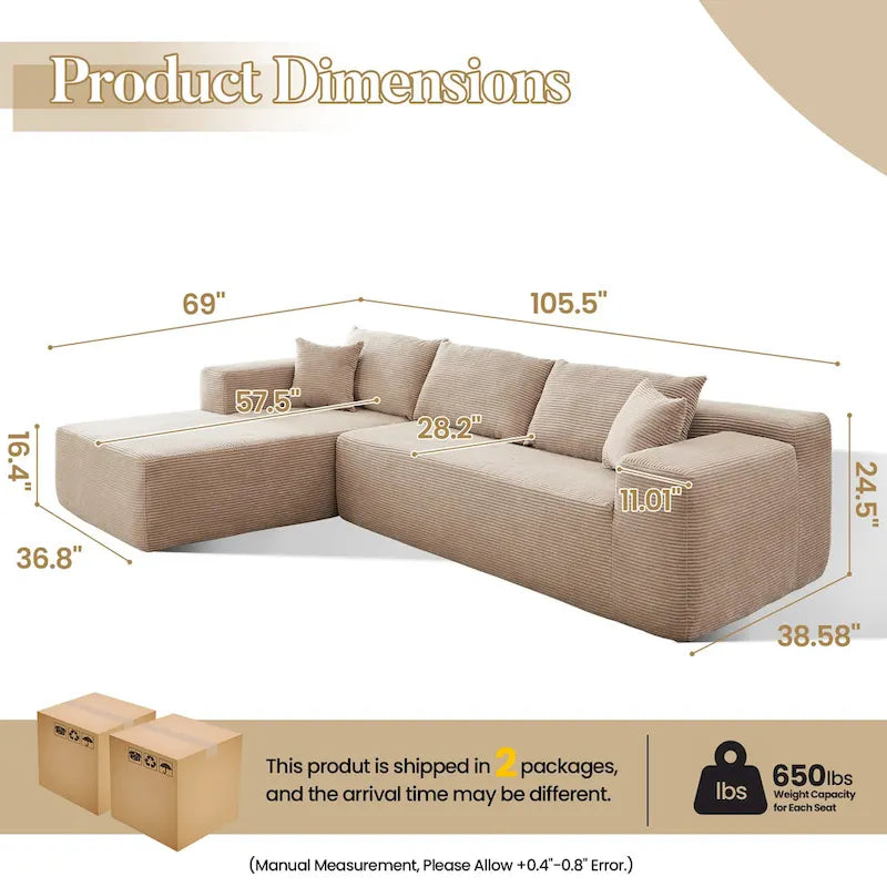 HOOOWOOO Modernes L-förmiges Ecksofa mit Kordbezug und Kissen