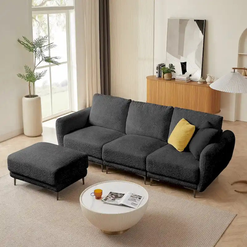 Cabrio-Sofa, 3-Sitzer L-förmiges Sofa mit Lammfellstoff, beweglicher Ottoman