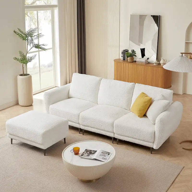 Cabrio-Sofa, 3-Sitzer L-förmiges Sofa mit Lammfellstoff, beweglicher Ottoman
