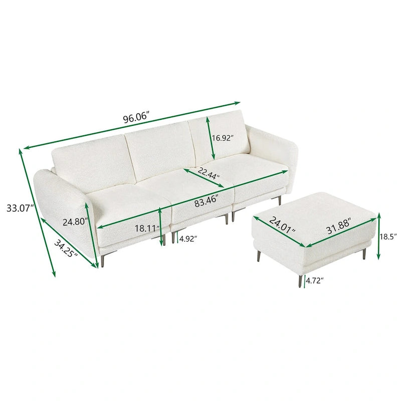 Cabrio-Sofa, 3-Sitzer L-förmiges Sofa mit Lammfellstoff, beweglicher Ottoman