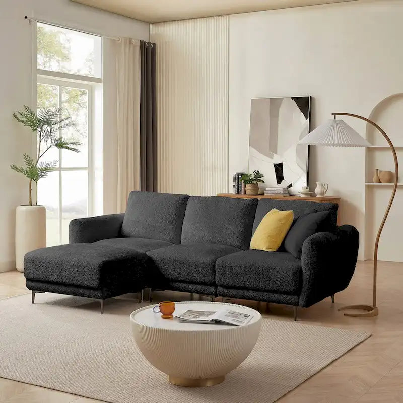 Cabrio-Sofa, 3-Sitzer L-förmiges Sofa mit Lammfellstoff, beweglicher Ottoman