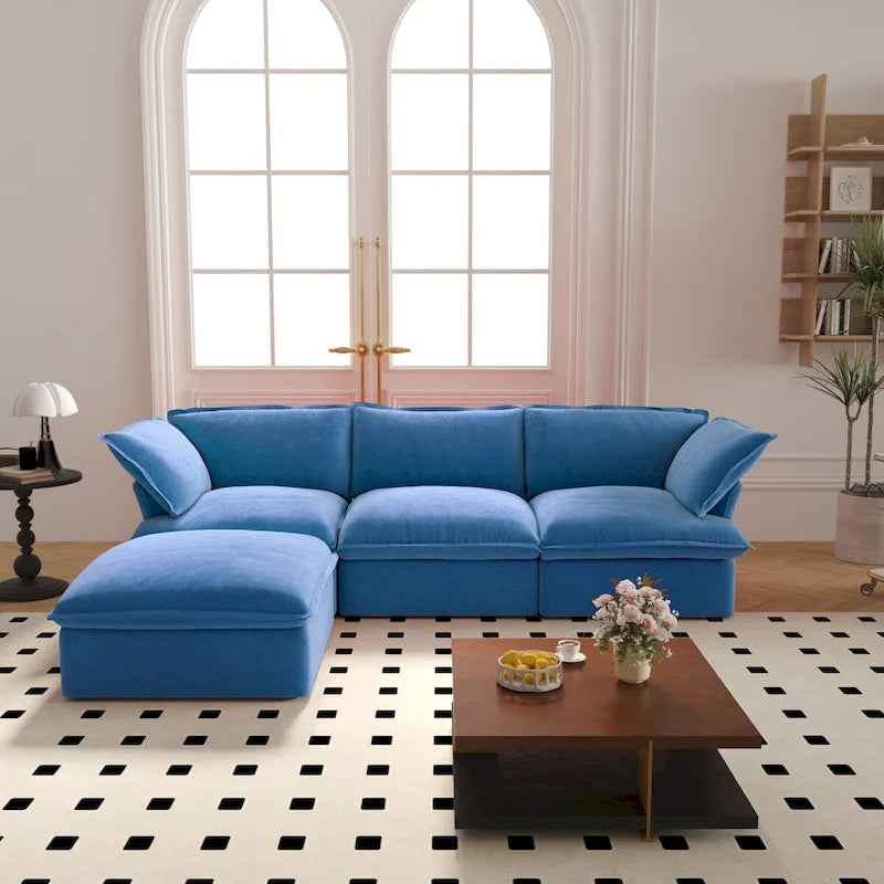 Wolkensofa Modulsofa mit Daunenfedern L-förmiges Samtsofa mit breiter, tiefer Sitzfläche, umwandelbar.