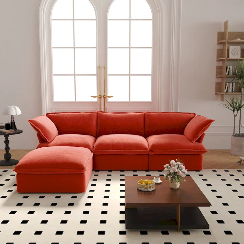 Wolkensofa Modulsofa mit Daunenfedern L-förmiges Samtsofa mit breiter, tiefer Sitzfläche, umwandelbar.
