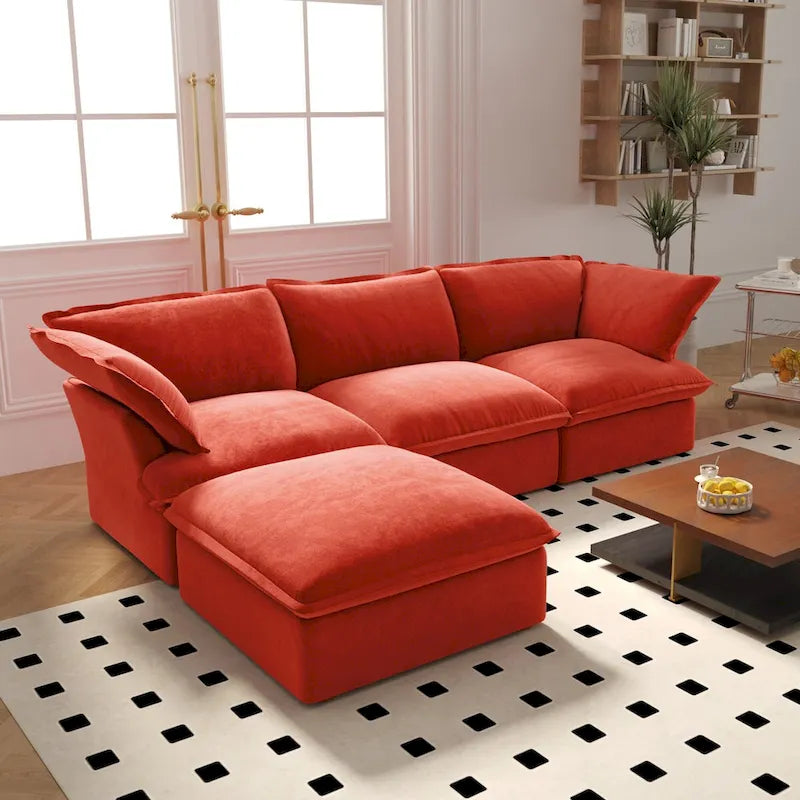 Wolkensofa Modulsofa mit Daunenfedern L-förmiges Samtsofa mit breiter, tiefer Sitzfläche, umwandelbar.