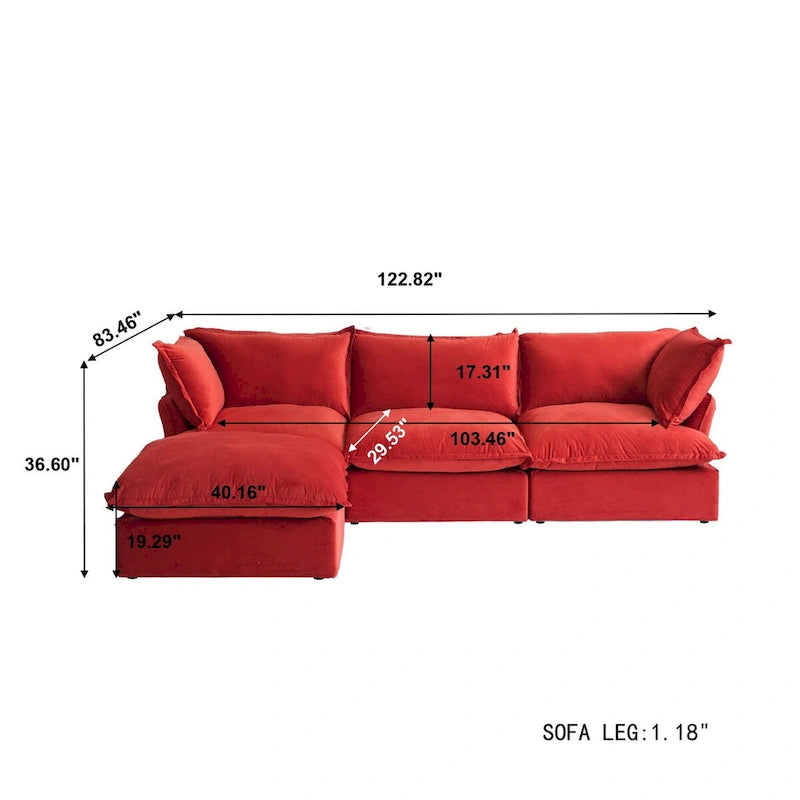 Wolkensofa Modulsofa mit Daunenfedern L-förmiges Samtsofa mit breiter, tiefer Sitzfläche, umwandelbar.
