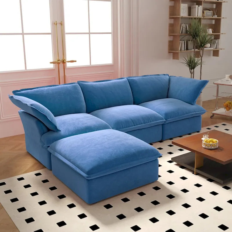 Wolkensofa Modulsofa mit Daunenfedern L-förmiges Samtsofa mit breiter, tiefer Sitzfläche, umwandelbar.