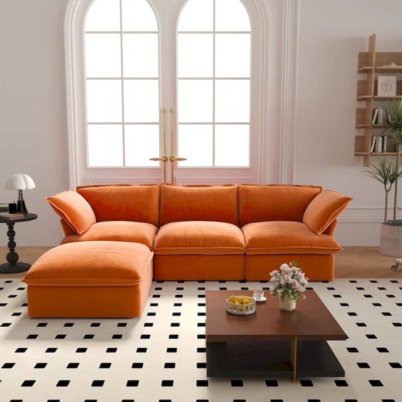 Wolkensofa Modulsofa mit Daunenfedern L-förmiges Samtsofa mit breiter, tiefer Sitzfläche, umwandelbar.