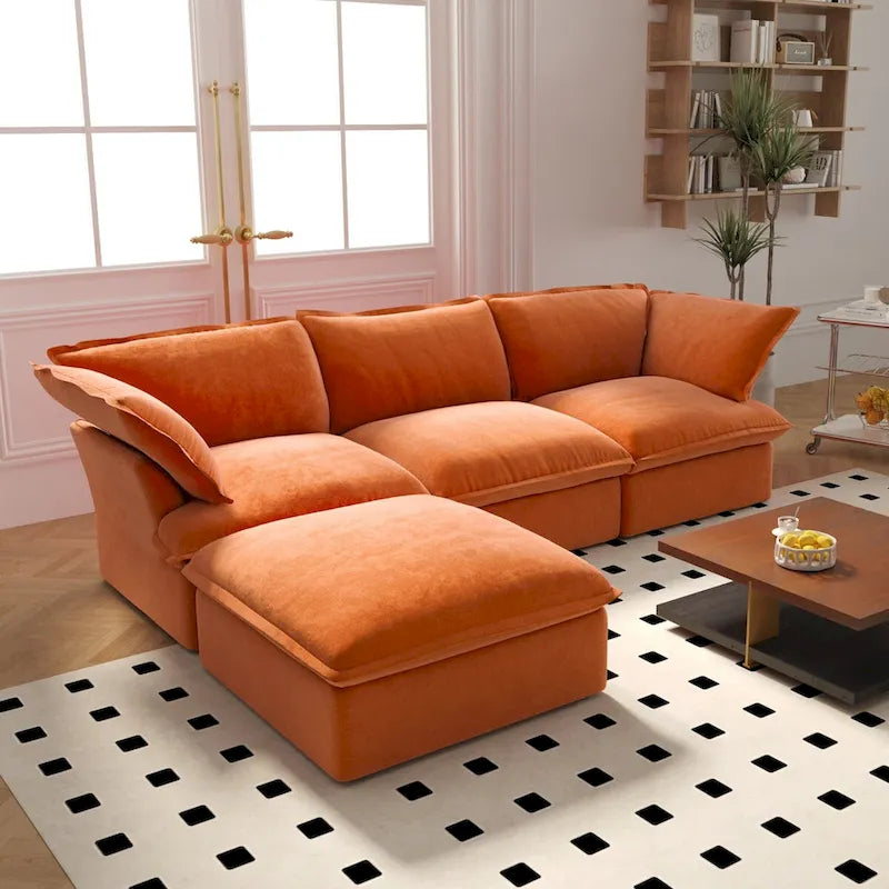Wolkensofa Modulsofa mit Daunenfedern L-förmiges Samtsofa mit breiter, tiefer Sitzfläche, umwandelbar.