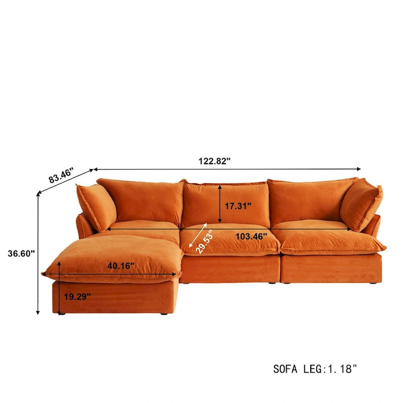 Wolkensofa Modulsofa mit Daunenfedern L-förmiges Samtsofa mit breiter, tiefer Sitzfläche, umwandelbar.