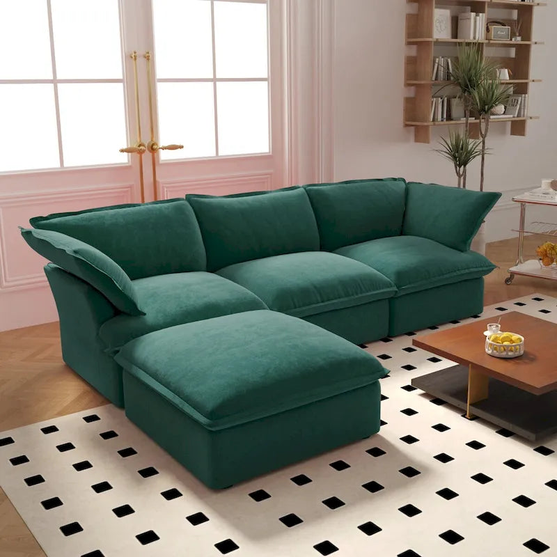 Wolkensofa Modulsofa mit Daunenfedern L-förmiges Samtsofa mit breiter, tiefer Sitzfläche, umwandelbar.