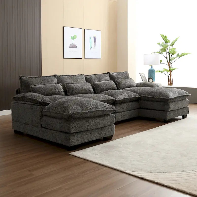 Chenille gepolstertes U-förmiges Wohnzimmer-Ecksofa mit Holzfüßen