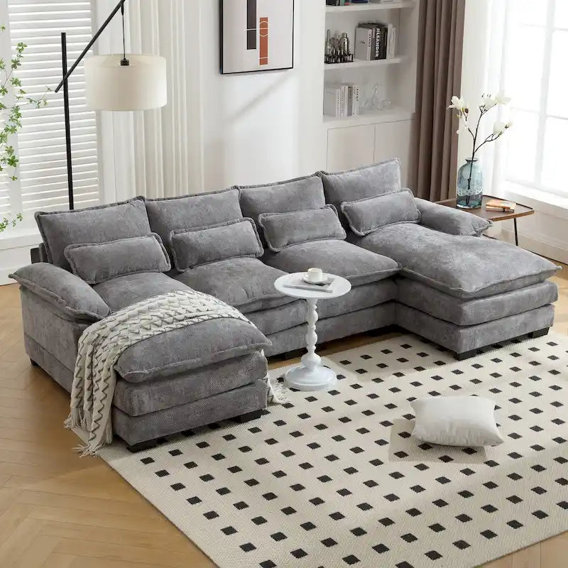 Chenille gepolstertes U-förmiges Wohnzimmer-Ecksofa mit Holzfüßen
