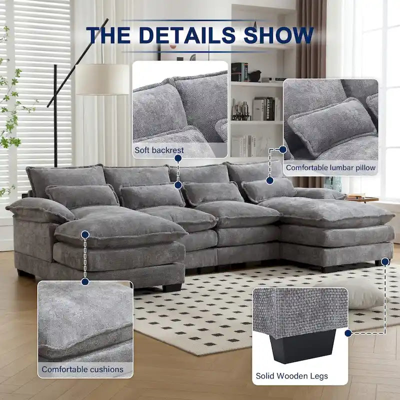 Chenille gepolstertes U-förmiges Wohnzimmer-Ecksofa mit Holzfüßen
