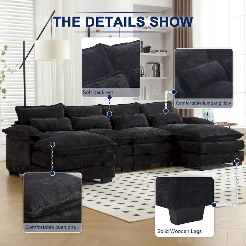 Chenille gepolstertes U-förmiges Wohnzimmer-Ecksofa mit Holzfüßen